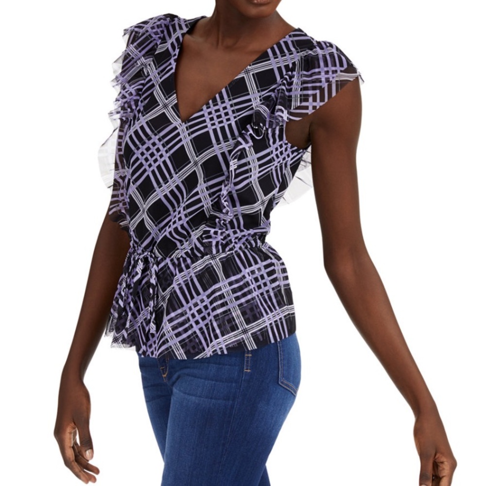 INC Tie-Hem Ruffle-Sleeve Top - Plaid The Town 💋